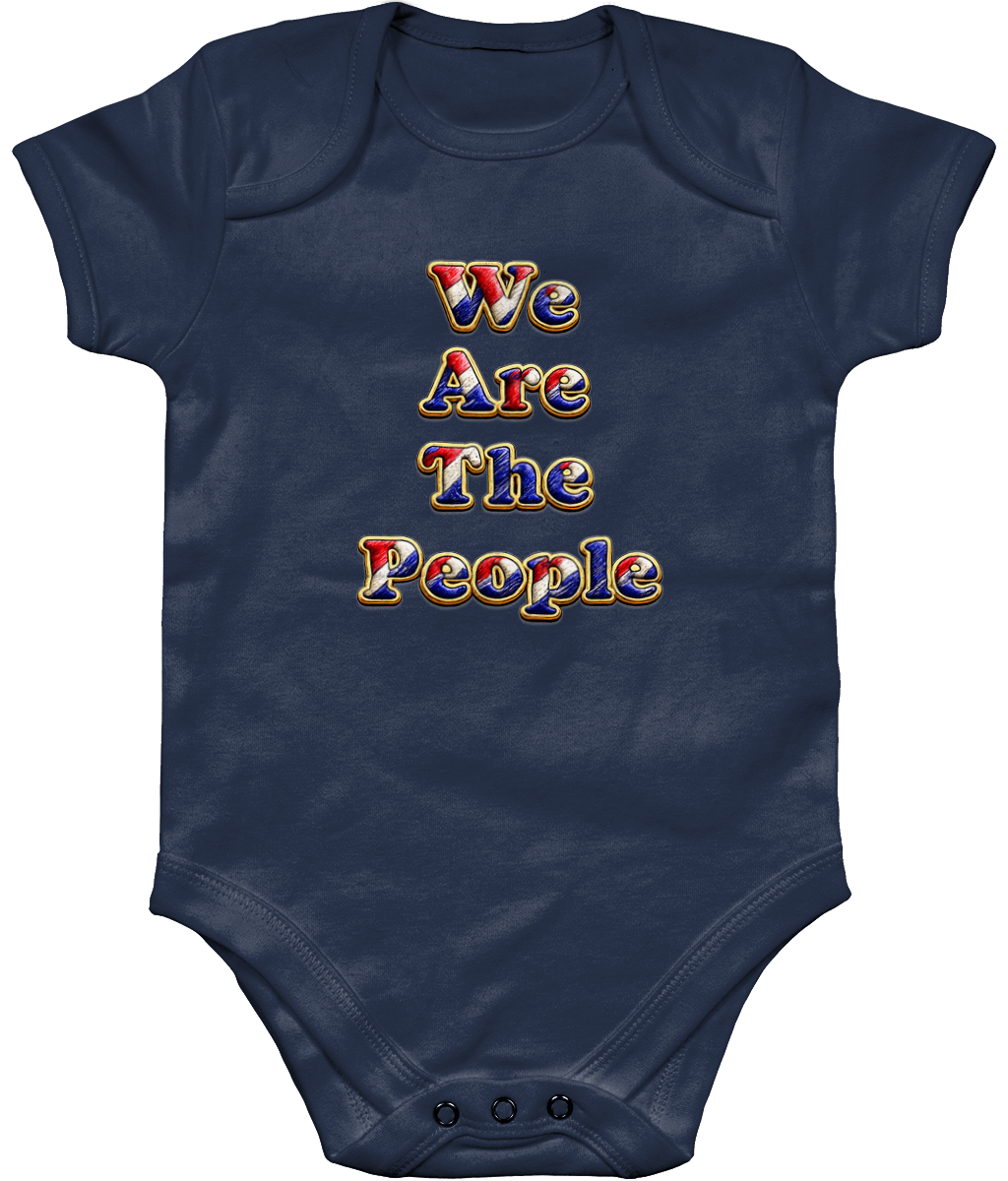 We Are The People baby bodysuit in navy featuring red white and blue supporter-inspired slogan design