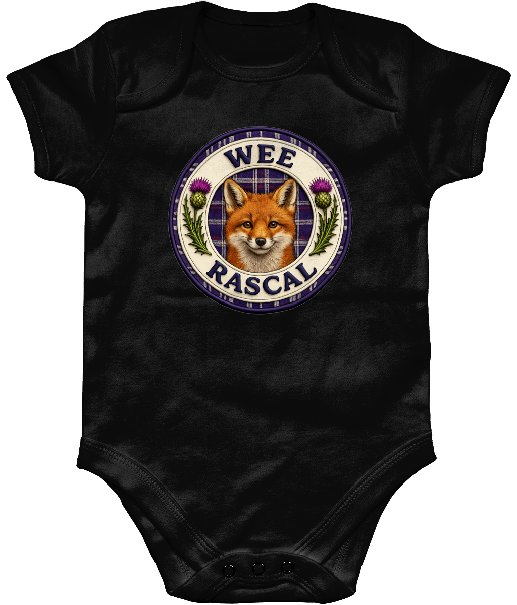 Black Wee Rascal baby bodysuit featuring a Scottish fox, tartan background and purple thistle badge design.