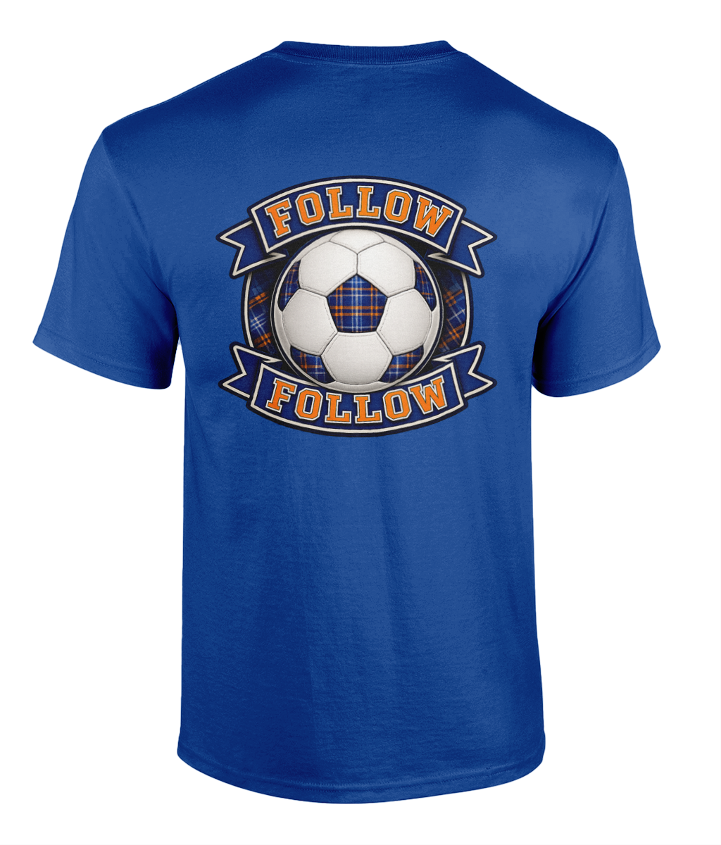 Royal blue FOLLOW FOLLOW Crest men's t-shirt featuring football-inspired supporter crest design.