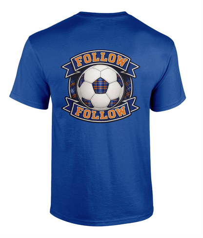 Royal blue FOLLOW FOLLOW Crest men's t-shirt featuring football-inspired supporter crest design.