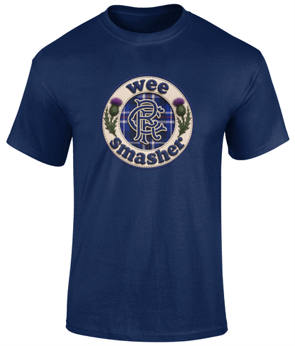 Wee Smasher RFC Badge youth t-shirt in navy featuring a blue tartan crest design with Scottish thistles.