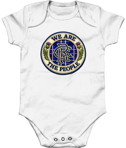 We Are The People badge baby bodysuit in white featuring tartan crest design