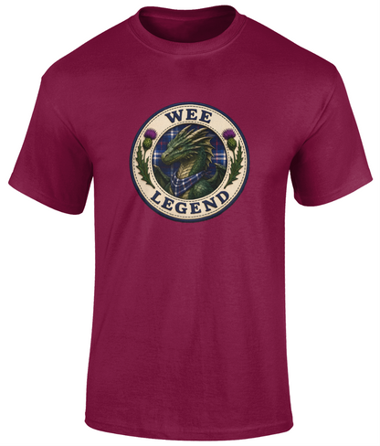 Wee Legend Dragon youth t-shirt in cardinal red featuring a Scottish dragon crest design with tartan background and thistle details.
