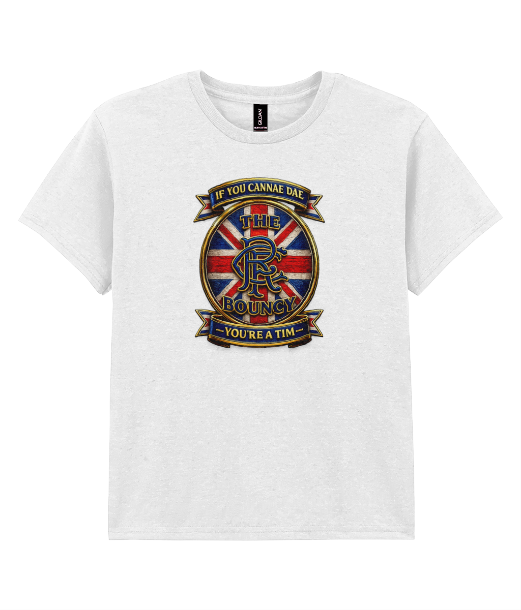 If You Cannae Dae The Bouncy youth t-shirt in white featuring Union Flag supporter crest design