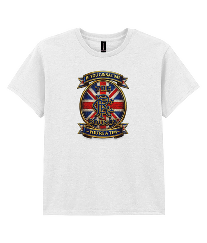 If You Cannae Dae The Bouncy youth t-shirt in white featuring Union Flag supporter crest design
