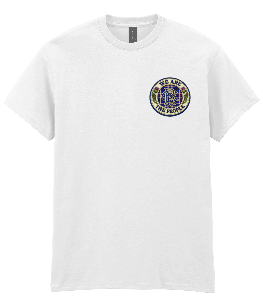 White We Are The People Crest men's t-shirt featuring a small embroidered-style supporter badge on the left chest.