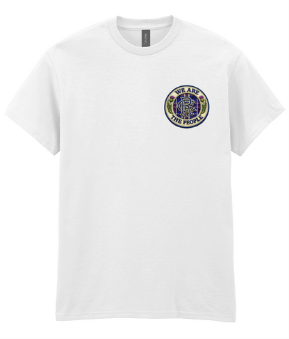White We Are The People Crest men's t-shirt featuring a small embroidered-style supporter badge on the left chest.