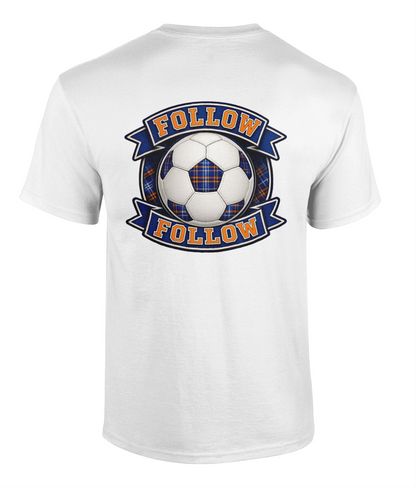White FOLLOW FOLLOW Crest men's t-shirt featuring football-inspired supporter crest design.
