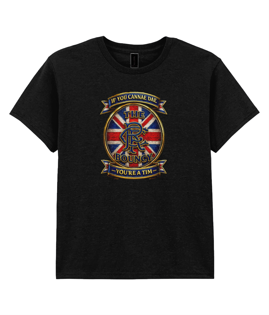 If You Cannae Dae The Bouncy youth t-shirt in black featuring Union Flag supporter crest design