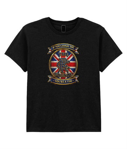 If You Cannae Dae The Bouncy youth t-shirt in black featuring Union Flag supporter crest design