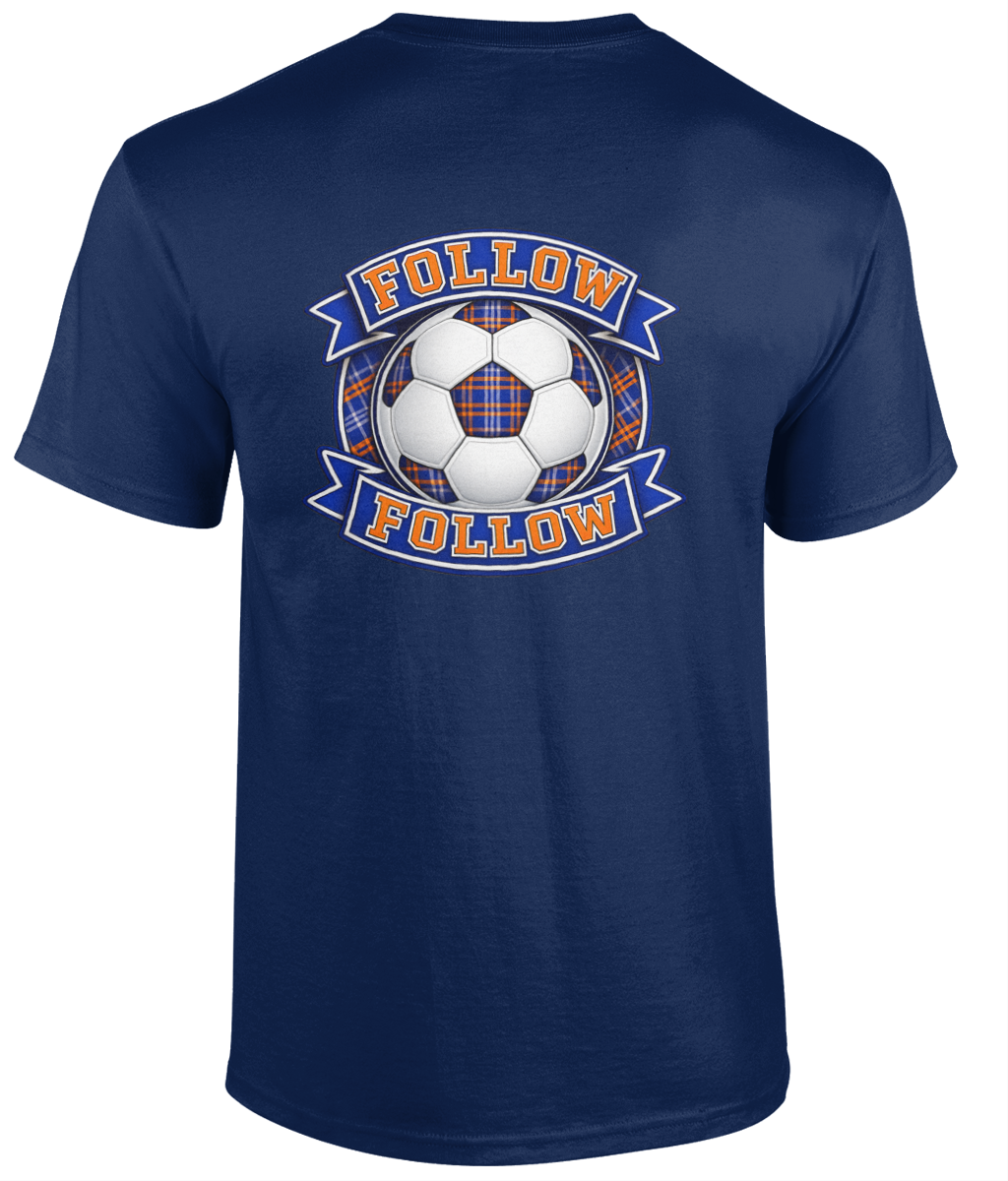 FOLLOW FOLLOW men's t-shirt in navy featuring a football-inspired tartan crest printed on the back.
