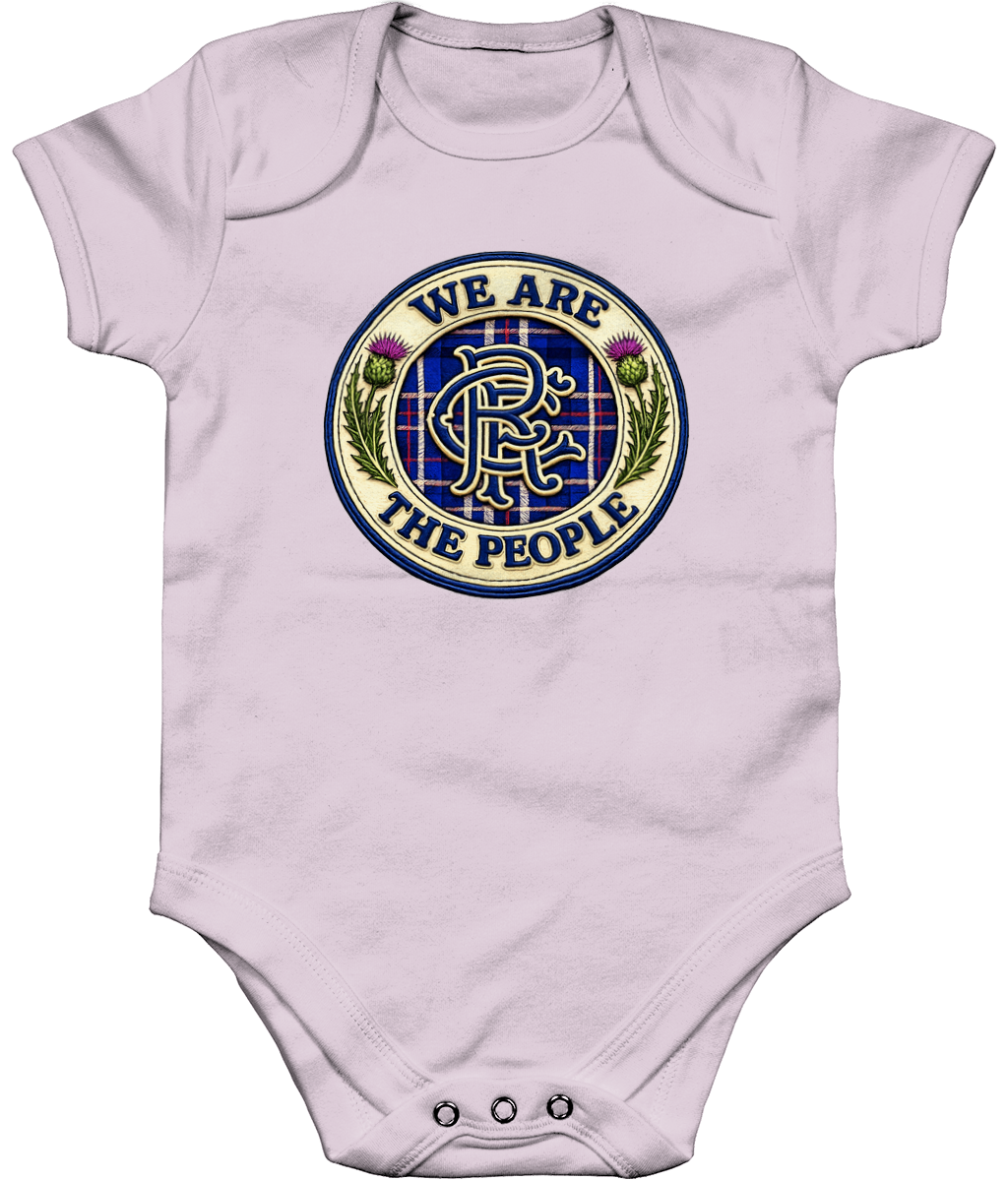 We Are The People badge baby bodysuit in pastel pink featuring tartan crest design