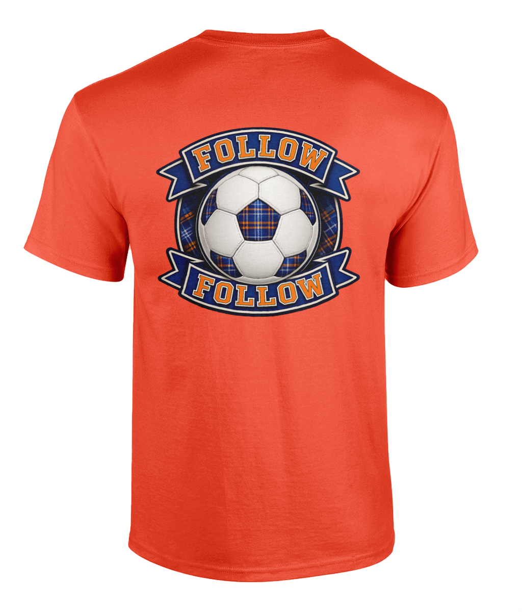 Orange FOLLOW FOLLOW Crest men's t-shirt featuring football-inspired supporter crest design.