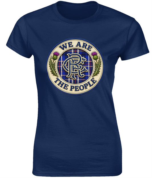 Women's fitted navy We Are The People t-shirt with Scottish crest and tartan design.