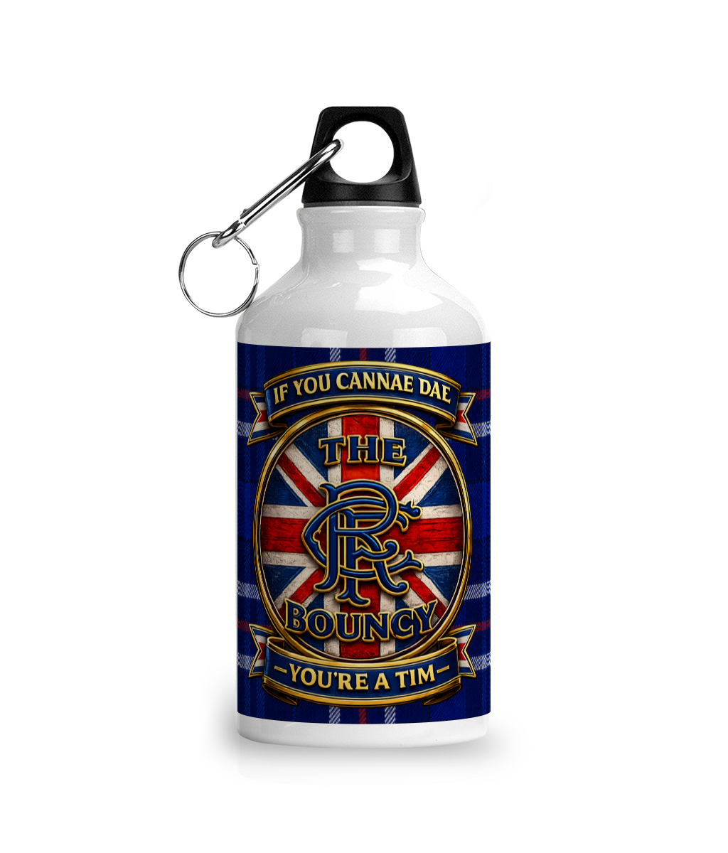 If You Cannae Dae The Bouncy 400ml aluminium sports water bottle featuring a full-wrap tartan design and football-inspired crest artwork.