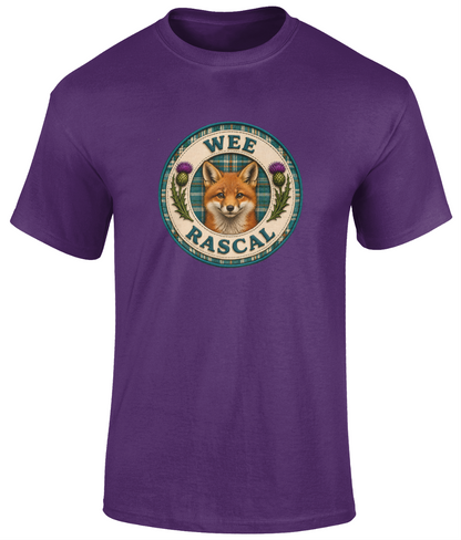 Wee Rascal youth t-shirt in purple featuring a realistic fox crest with teal tartan background and Scottish thistles.