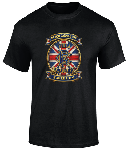 Black If You Cannae Dae The Bouncy men's T-shirt featuring a colourful Union Flag crest and classic Scottish football-inspired artwork.