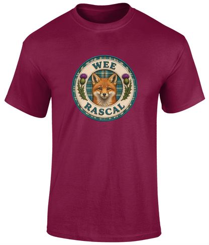 Wee Rascal youth t-shirt in cardinal red featuring a realistic fox badge with tartan and thistle artwork.