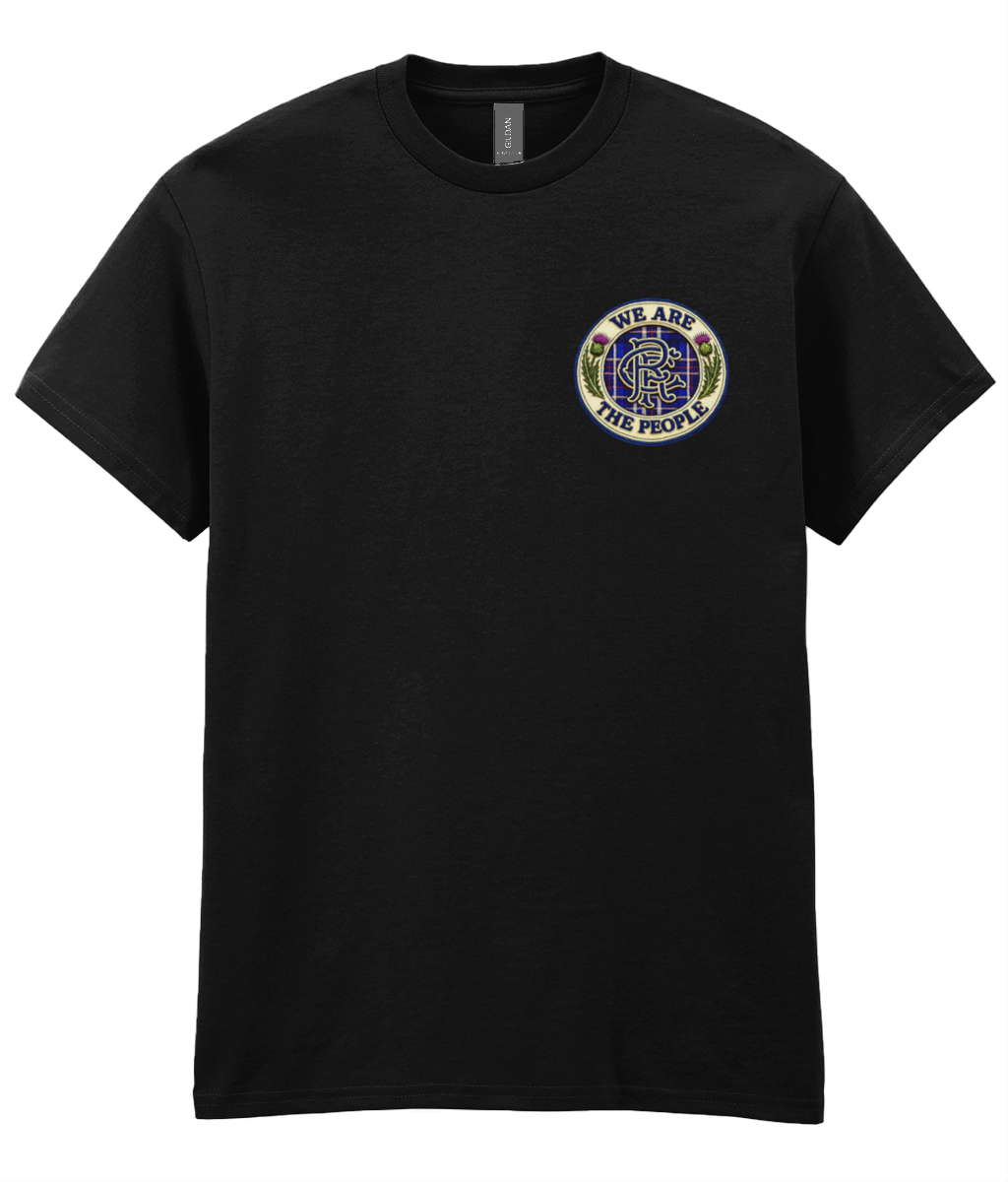 Black We Are The People Crest men's t-shirt featuring a small embroidered-style supporter badge on the left chest.