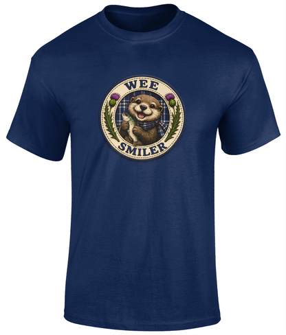 Wee Smiler youth t-shirt in navy featuring a smiling otter crest holding a fish with tartan and thistle details.