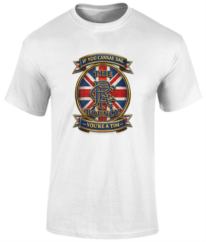 White If You Cannae Dae The Bouncy men's T-shirt featuring a colourful Union Flag crest and classic Scottish football-inspired artwork.