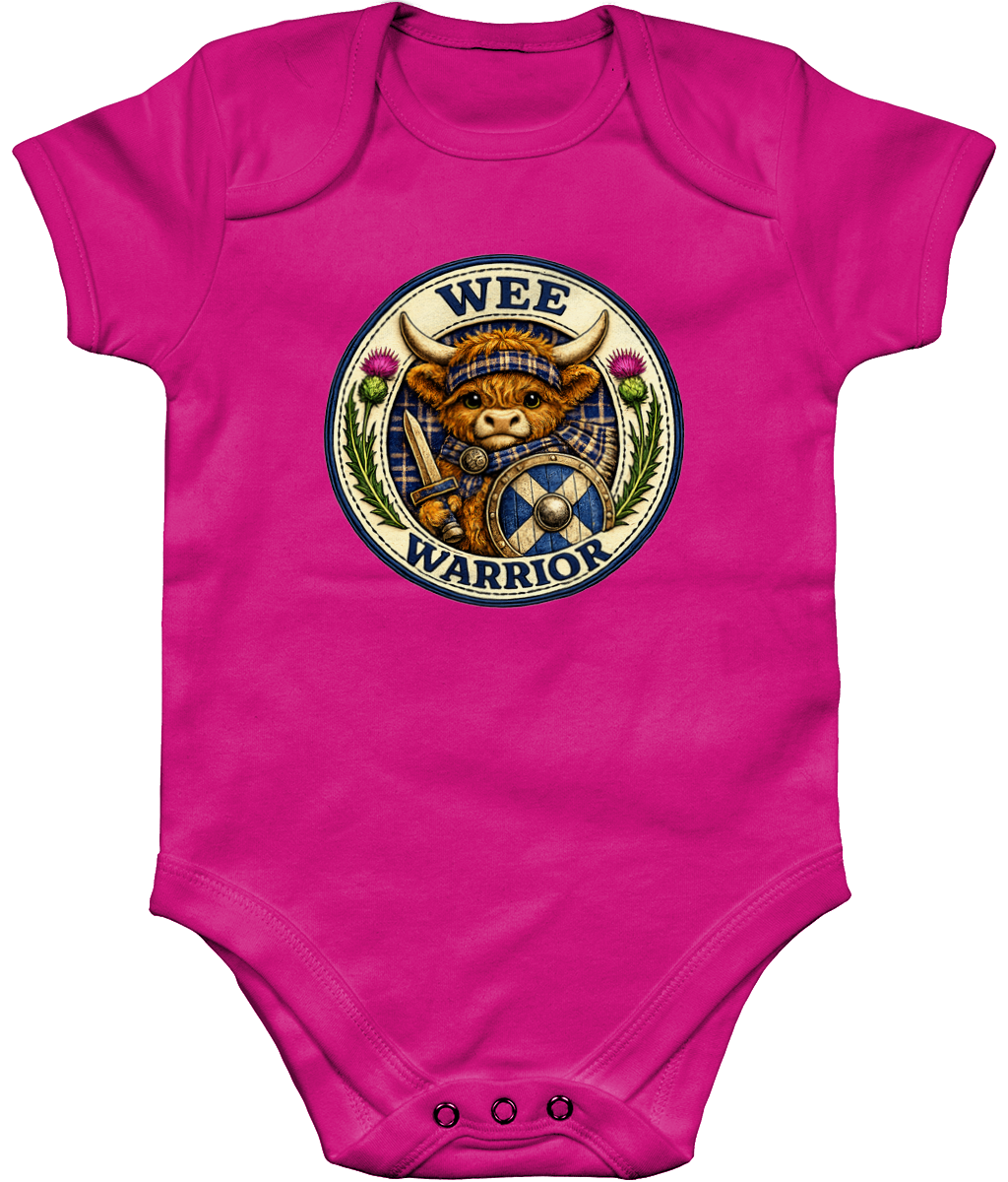 Wee Warrior baby bodysuit in bright pink featuring Highland Cow warrior badge design