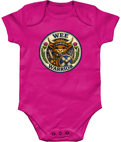 Wee Warrior baby bodysuit in bright pink featuring Highland Cow warrior badge design