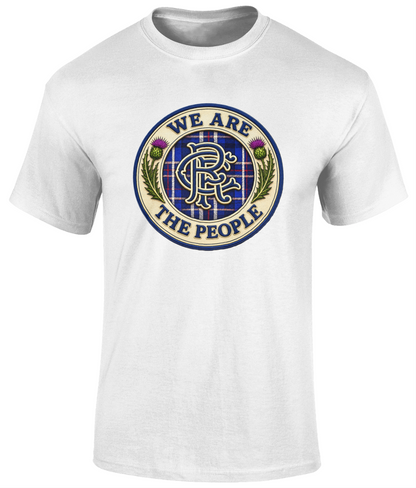 We Are The People Crest youth t-shirt in white featuring a navy tartan crest with Scottish thistles and heritage-inspired lettering.