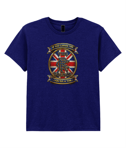 If You Cannae Dae The Bouncy youth t-shirt in royal blue featuring Union Flag supporter crest design