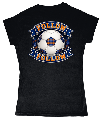 Black women's fitted t-shirt with FOLLOW FOLLOW football-inspired back print design