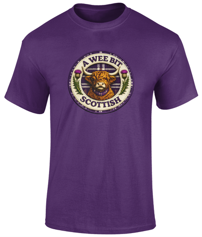 Purple A Wee Bit Scottish youth t-shirt featuring a Highland cow badge design.