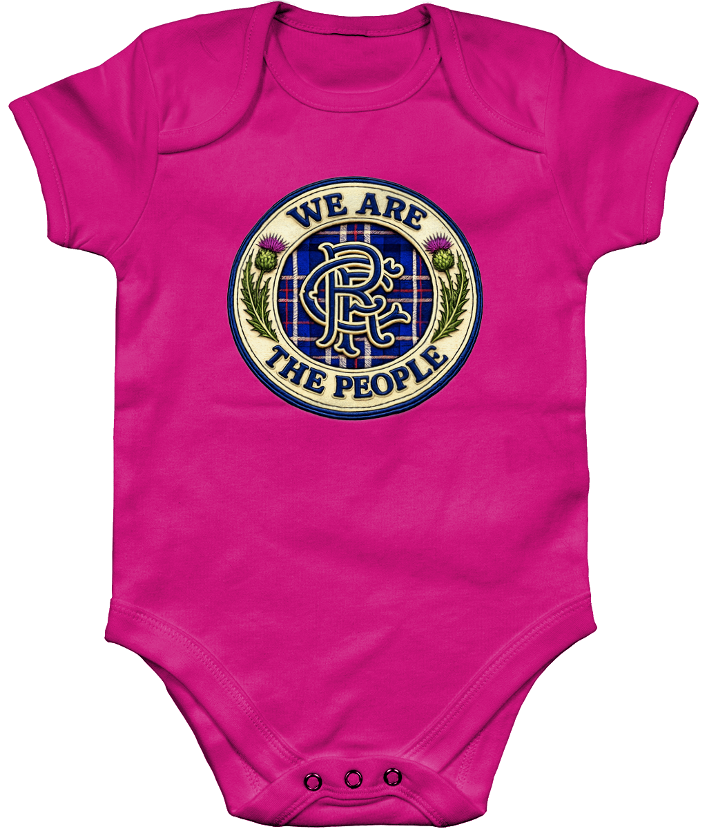 We Are The People badge baby bodysuit in bright pink featuring tartan crest design