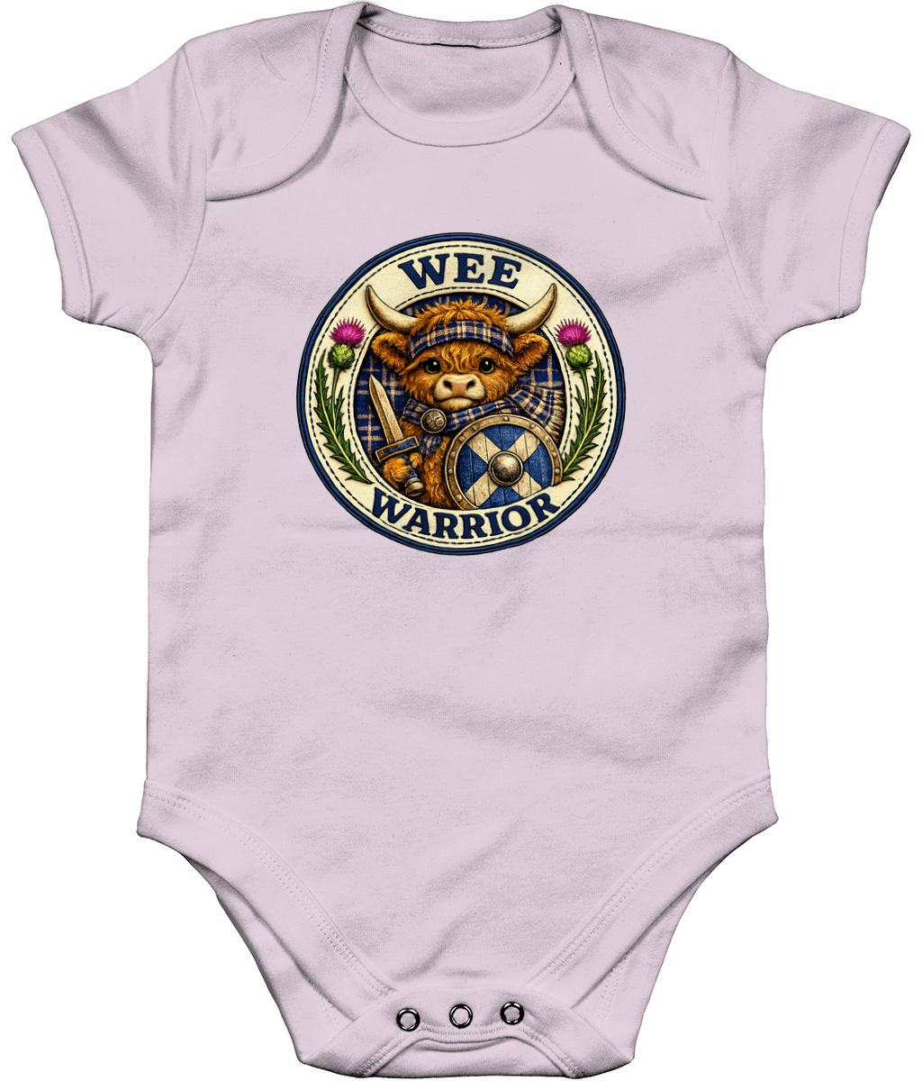 Wee Warrior baby bodysuit in soft pink featuring Highland Cow warrior badge design