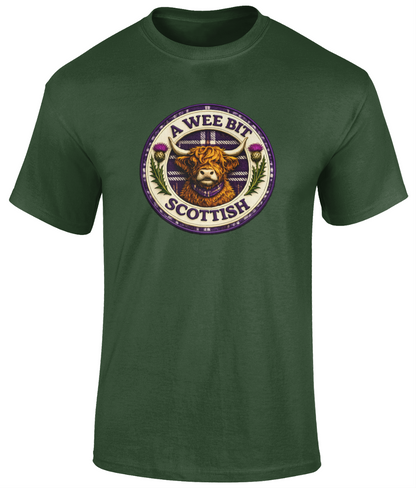 Forest green A Wee Bit Scottish youth t-shirt featuring a Highland cow badge design.