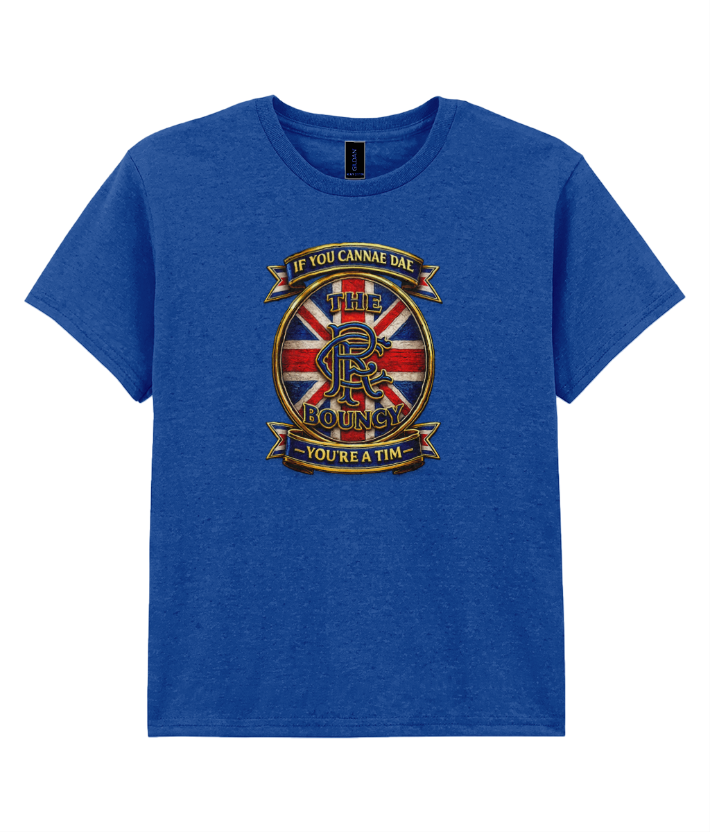 If You Cannae Dae The Bouncy youth t-shirt in royal blue featuring a Union Flag-inspired supporter crest design with bold football-themed artwork.