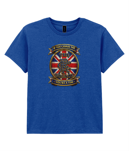 If You Cannae Dae The Bouncy youth t-shirt in royal blue featuring a Union Flag-inspired supporter crest design with bold football-themed artwork.