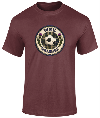 Wee Smasher youth t-shirt in maroon featuring a football-themed Scottish crest design with centred football.