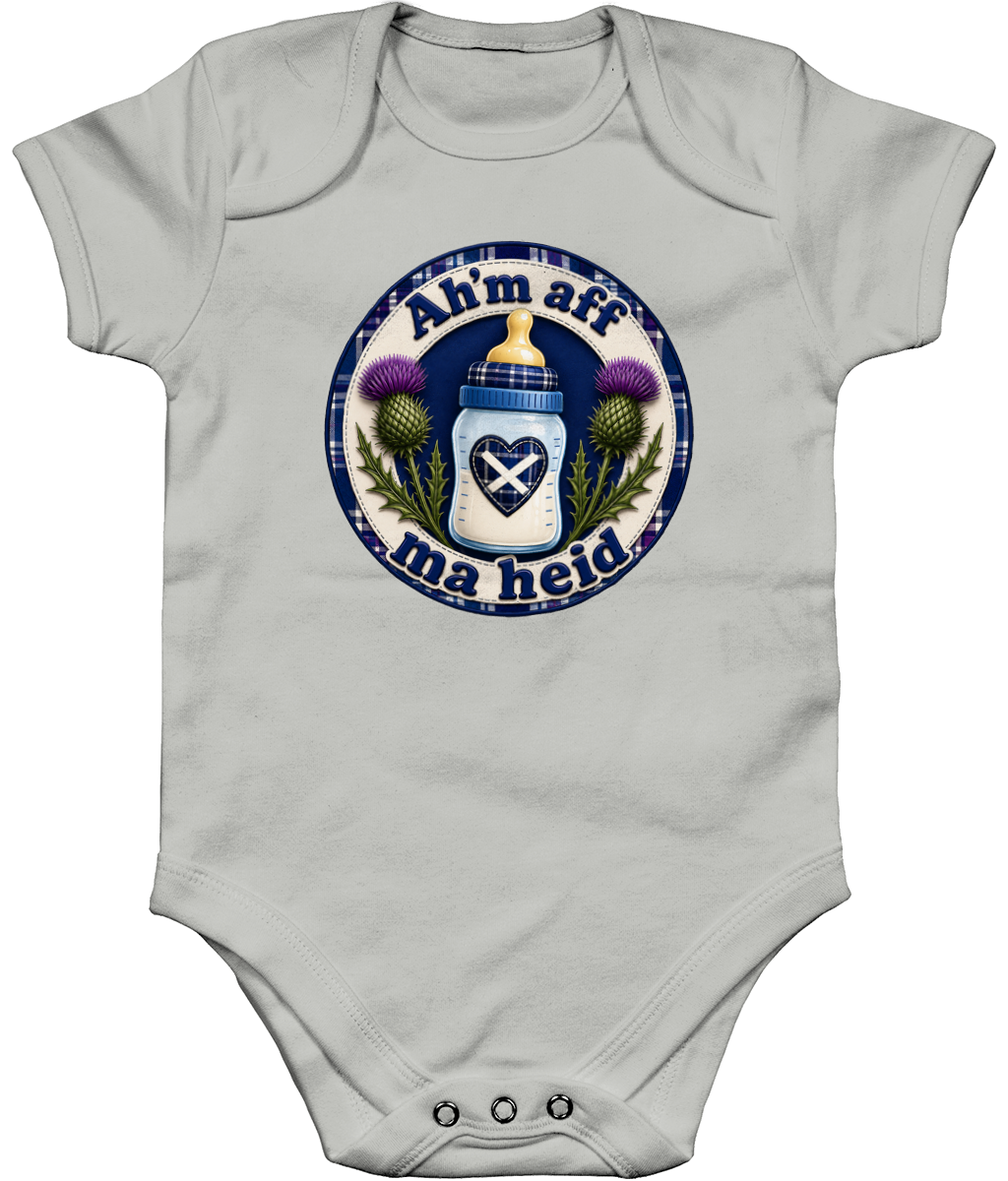 Ah'm Aff Ma Heid baby bodysuit in white with Scottish milk-drunk design