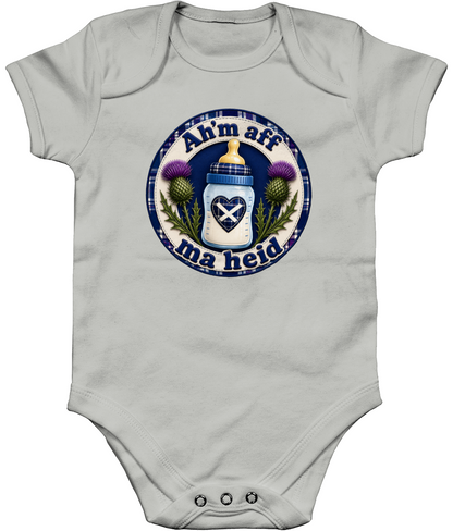 Ah'm Aff Ma Heid baby bodysuit in white with Scottish milk-drunk design