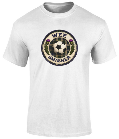 Wee Smasher youth t-shirt in white featuring a football-themed Scottish crest design with centred football.