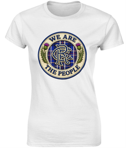 Women's fitted white We Are The People t-shirt with Scottish crest and tartan design.