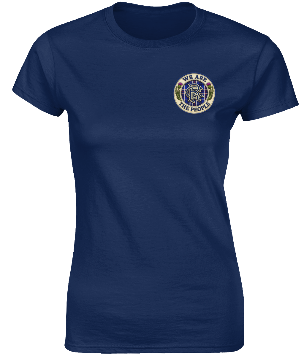 We Are The People Crest ladies fitted t-shirt in navy featuring a small tartan and thistle crest on the left chest.