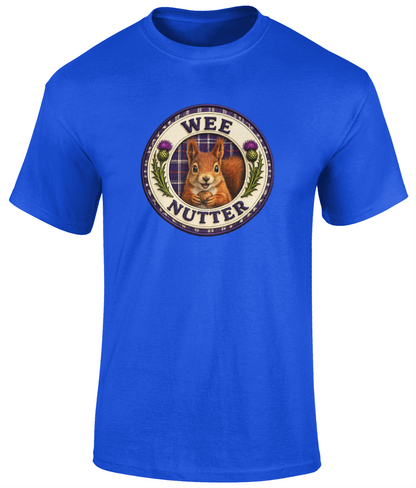 Wee Nutter youth t-shirt in royal blue featuring a squirrel crest with tartan and thistle details.