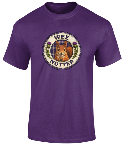 Wee Nutter youth t-shirt in purple featuring a squirrel crest with tartan and thistle details.