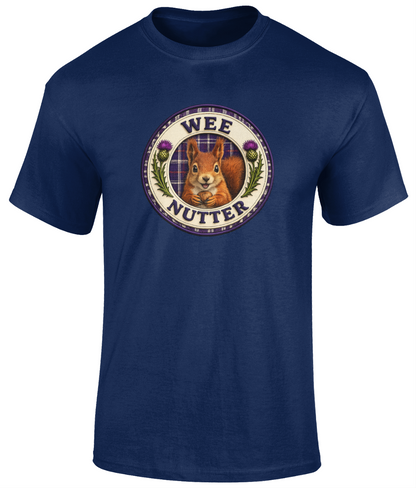 Wee Nutter youth t-shirt in navy featuring a squirrel crest with tartan and thistle details.