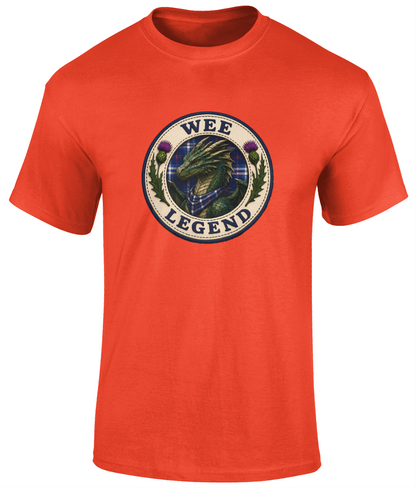 Wee Legend Dragon youth t-shirt in orange featuring a Scottish dragon crest design with tartan background and thistle details.