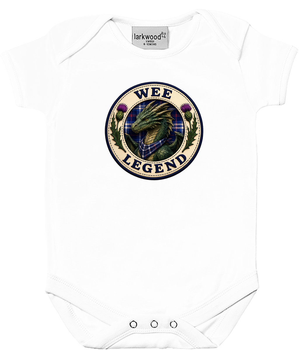 White baby bodysuit featuring the Wee Legend Dragon badge design with a tartan scarf, Scottish thistles and dragon artwork.