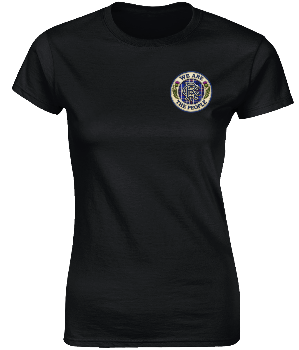 We Are The People Crest ladies fitted t-shirt in black featuring a small tartan and thistle crest on the left chest.