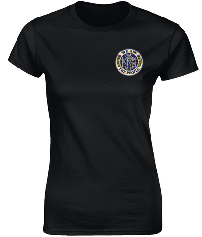 We Are The People Crest ladies fitted t-shirt in black featuring a small tartan and thistle crest on the left chest.