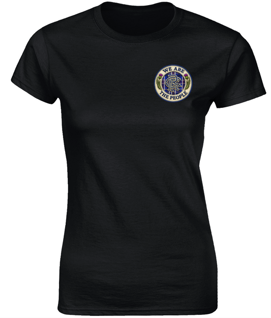 We Are The People Crest ladies fitted t-shirt in black featuring a small tartan and thistle crest on the left chest.
